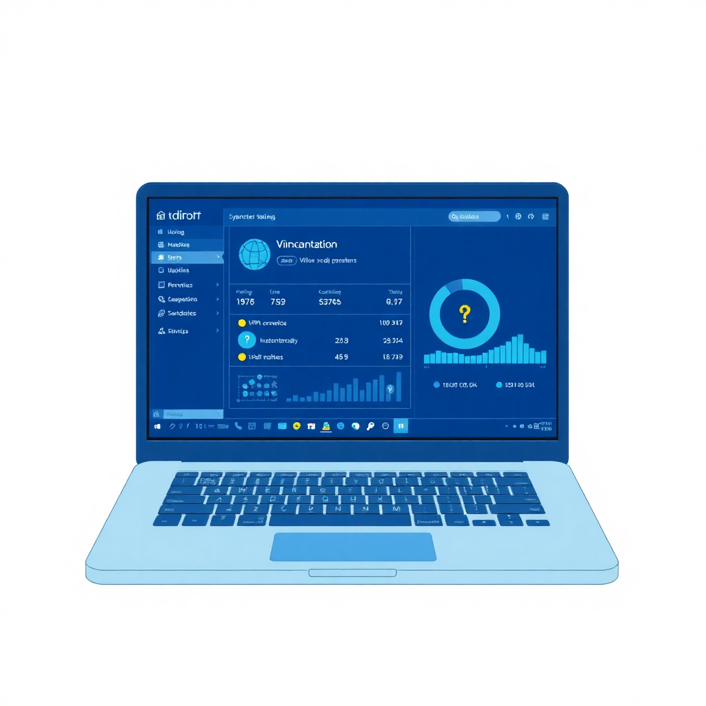modern laptop computer with Windows interface showing VPN connection status, cybersecurity dashboard, network diagnostics, blue and cyan color scheme, clean tech illustration style