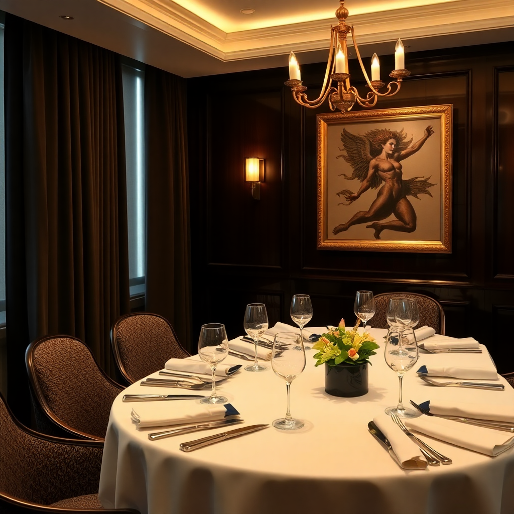 luxury hotel private dining room, intimate setting, elegant table presentation, sophisticated atmosphere