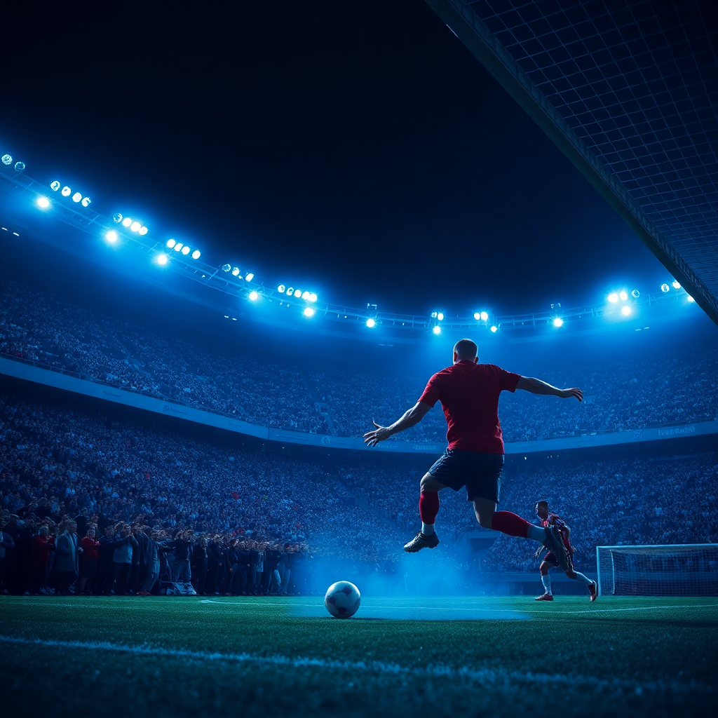 football match action shot dramatic lighting, stadium crowd roaring