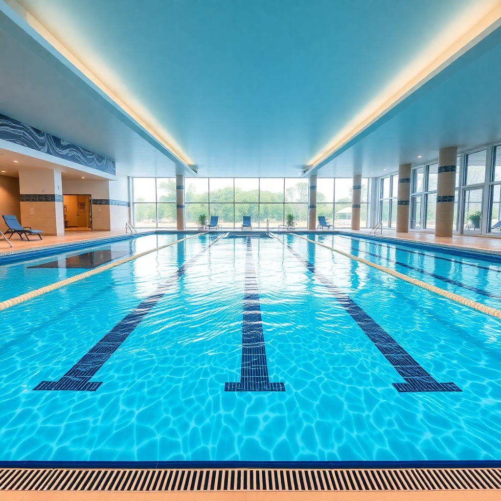 swimming pool with clear blue water, modern indoor facility, bright lighting