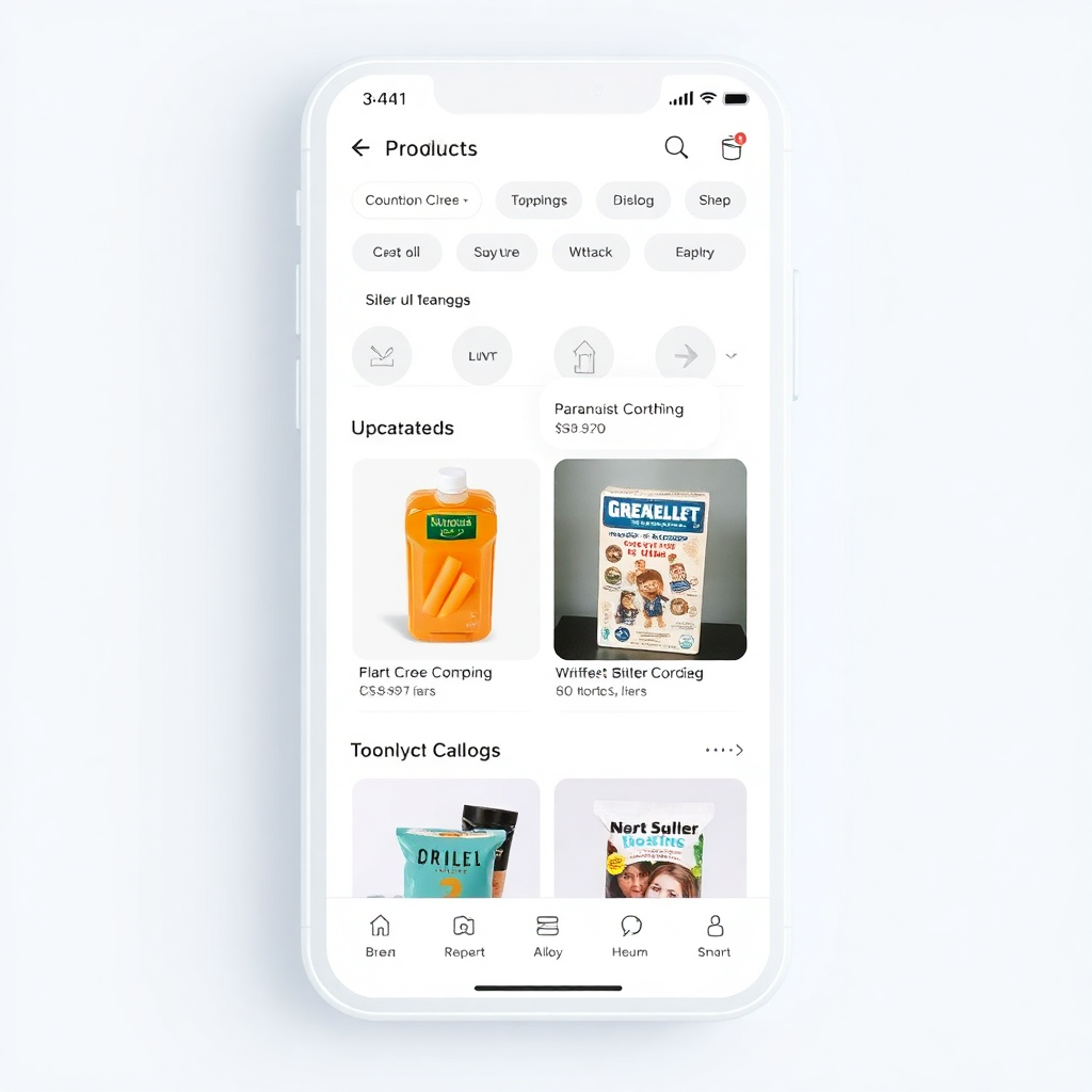 Mobile app screen showing product catalog with filters