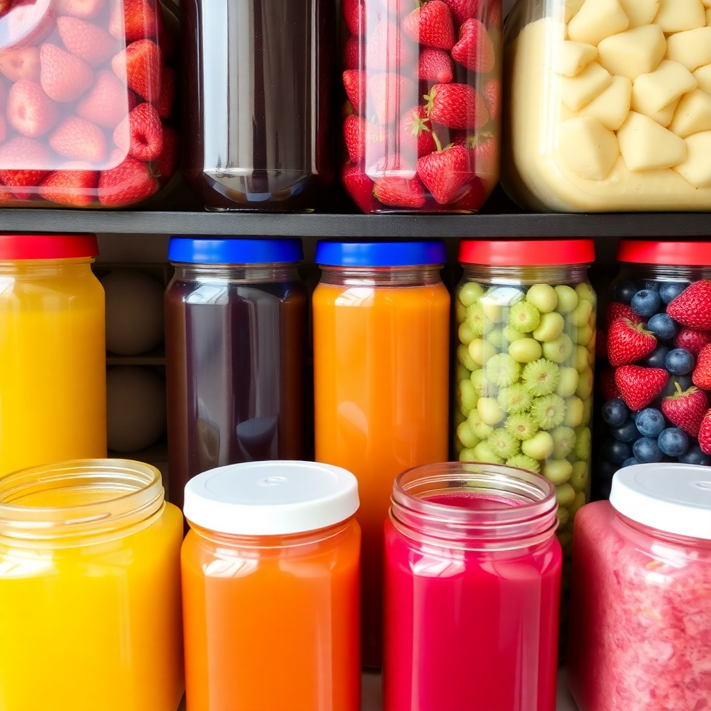concentrated fruit juice in containers, colorful fruit concentrates, beverage ingredients