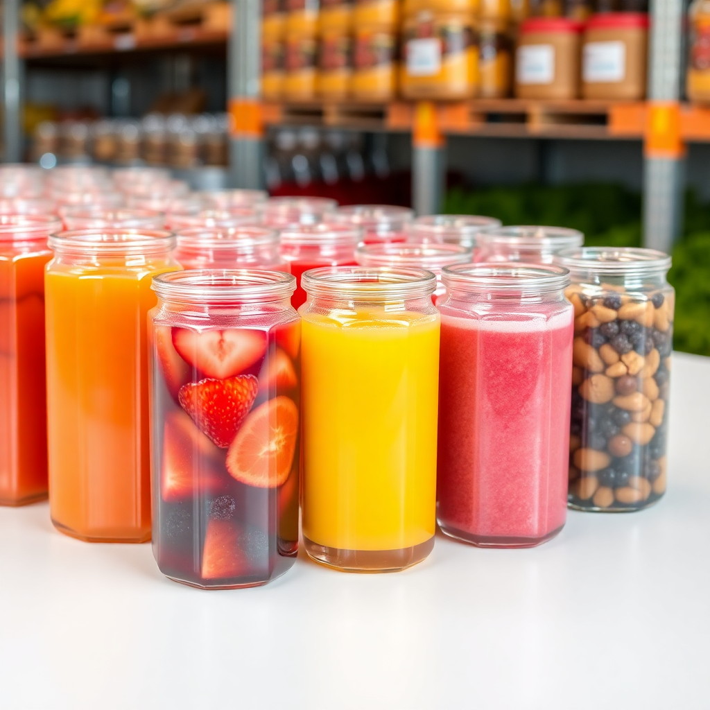 concentrated fruit juice in containers, colorful fruit concentrates, beverage ingredients, professional packaging