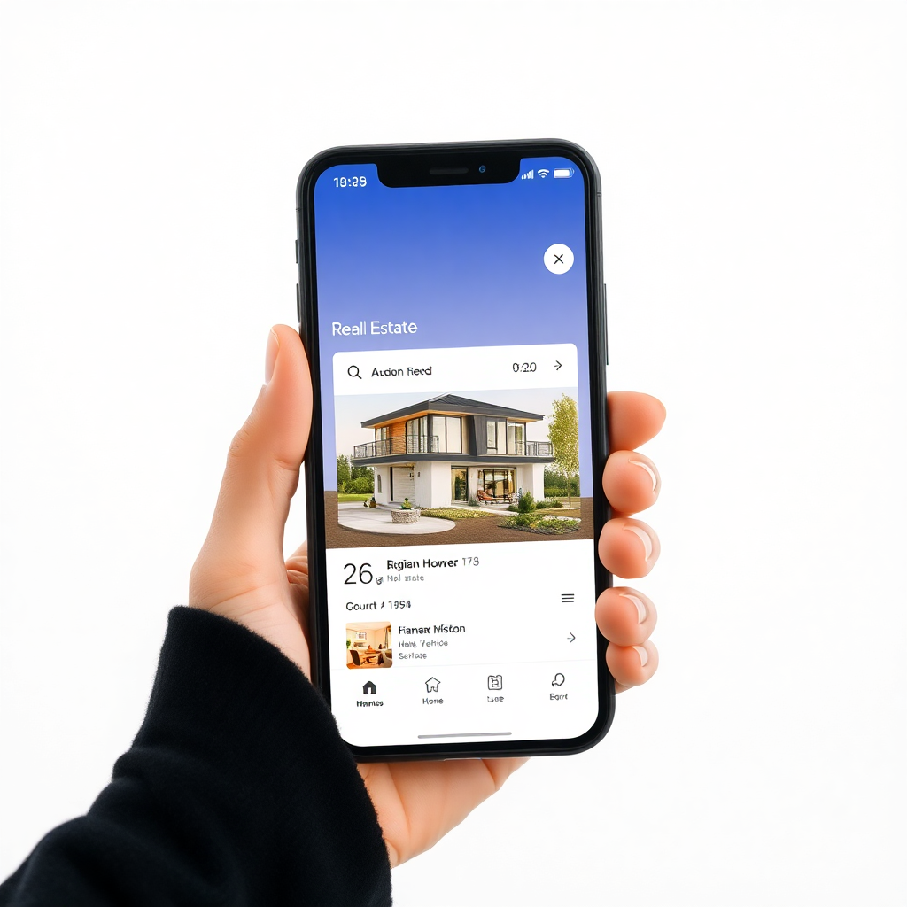 modern smartphone showing real estate app notifications, clean minimal design