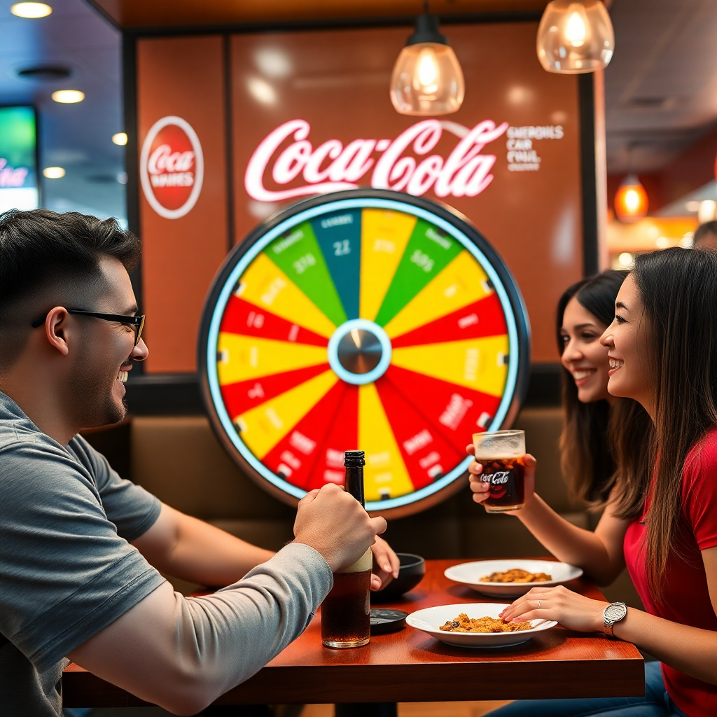 restaurant chain customers using spin-the-wheel game for Coca-Cola, branded drink rewards, interactive table experience, happy diners