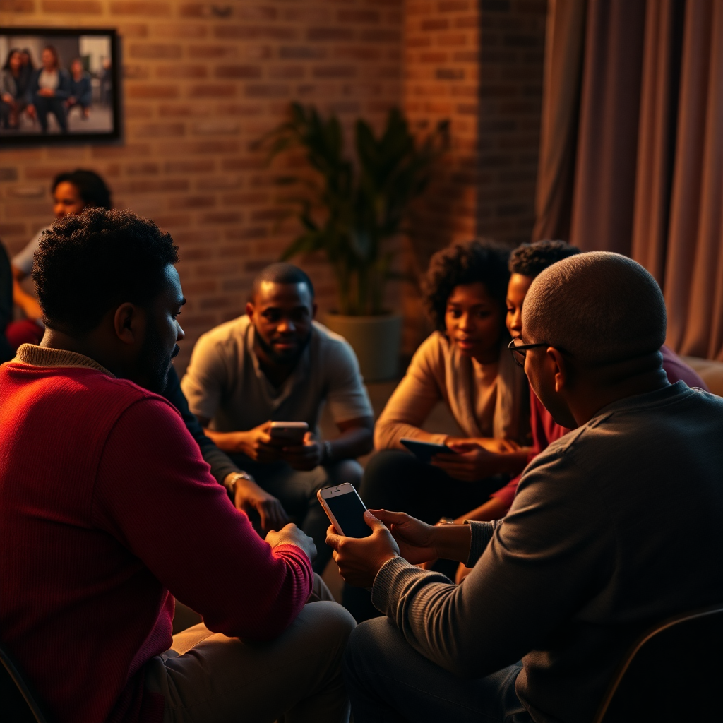 diverse group of Black men and women sitting in circle having deep meaningful conversation, no phones, warm intimate lighting, community gathering, photorealistic