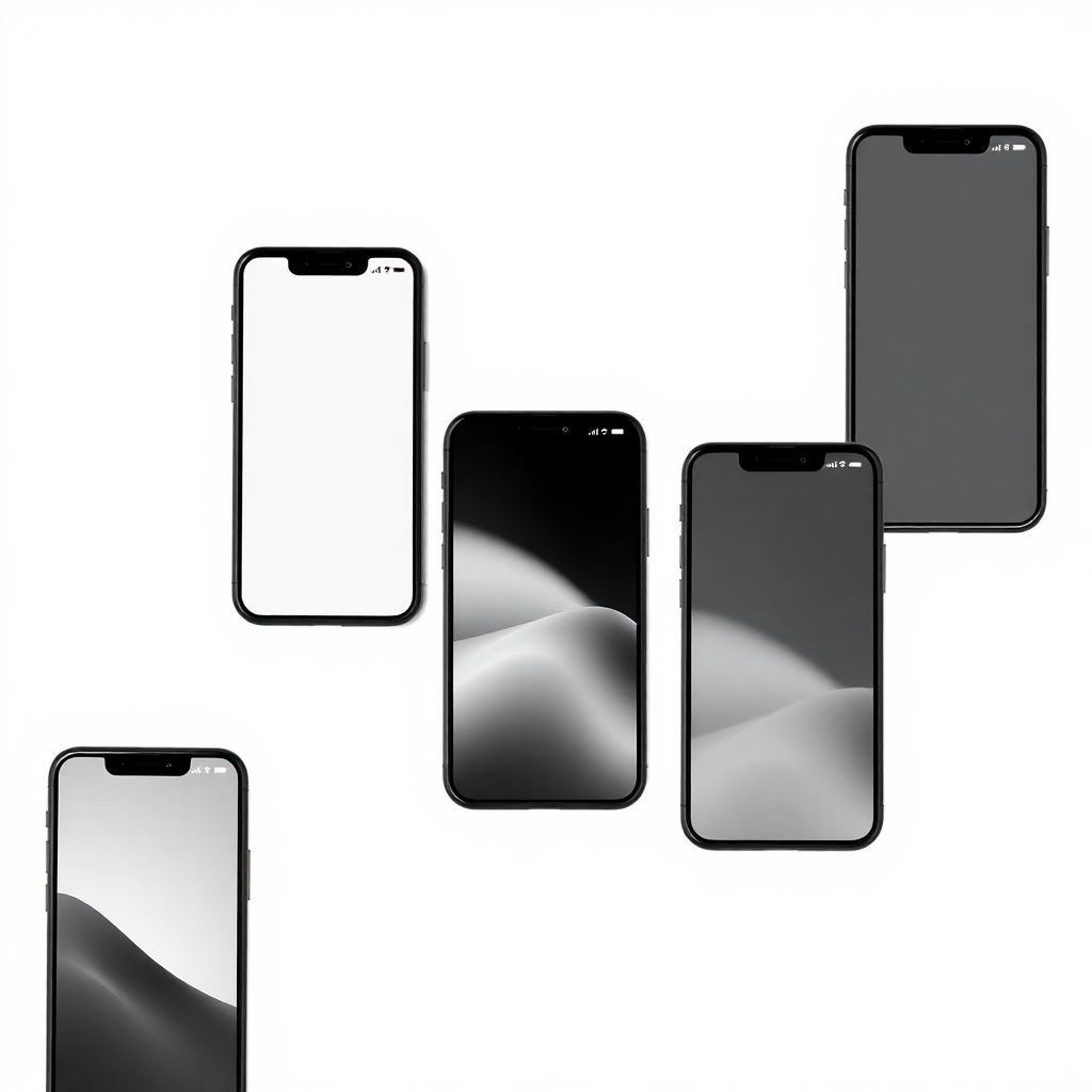 Minimalist mobile app screens laid out asymmetrically, editorial style, grayscale
