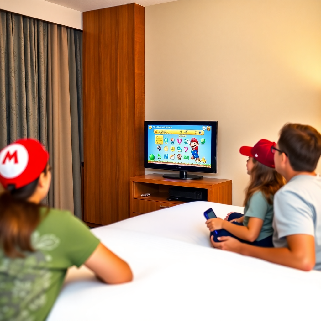 hotel guests playing Super Mario themed games on in-room TV, Nintendo characters, family entertainment, colorful gaming interface