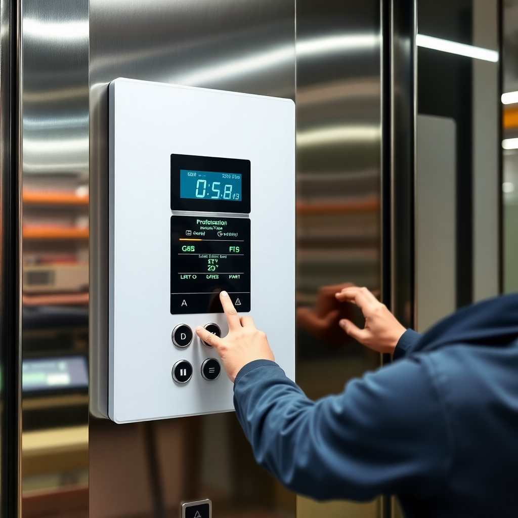 modern elevator control panel with digital display being upgraded, technician working on modernization, professional industrial environment