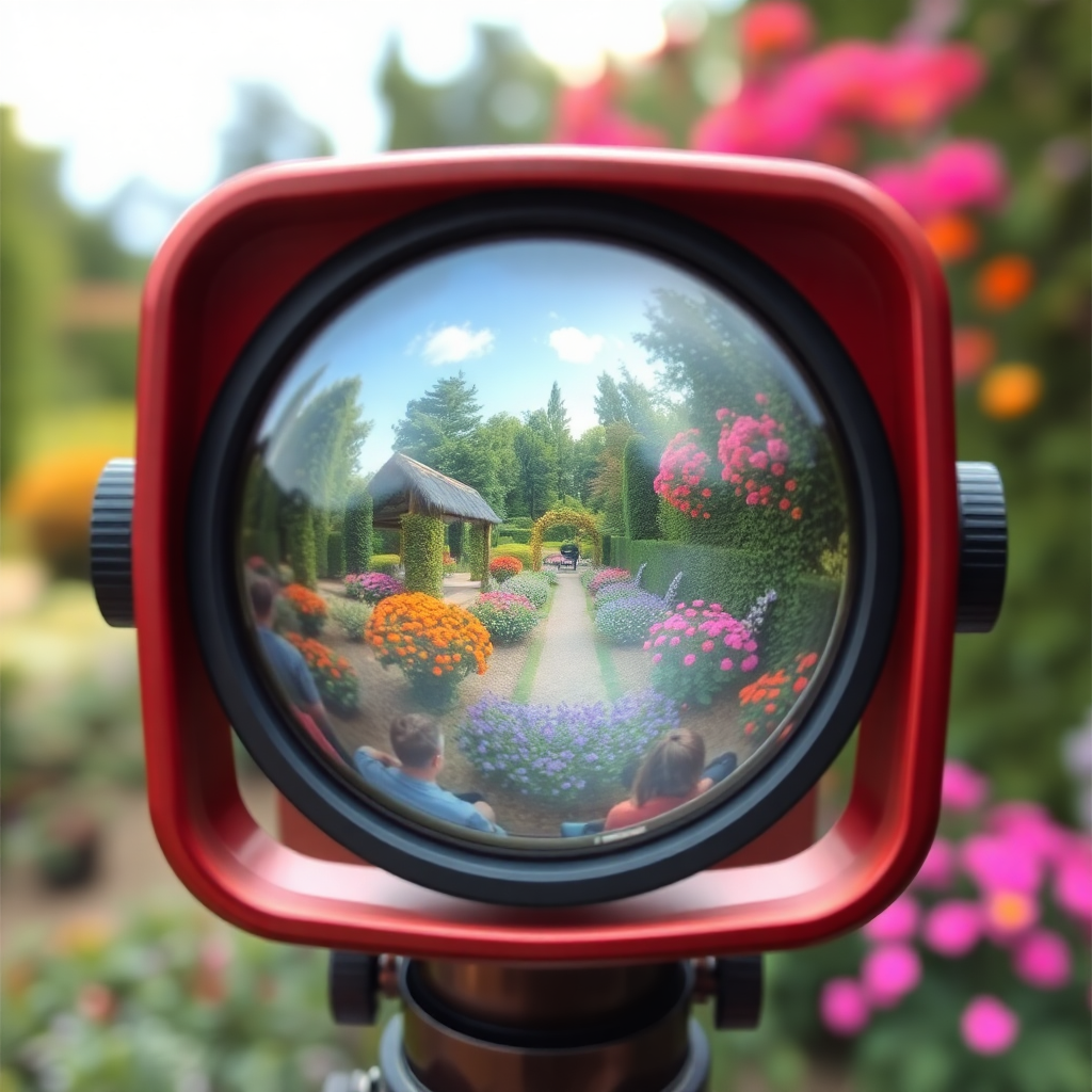 A modern teleidoscope reflecting a colorful garden scene, sharp focus