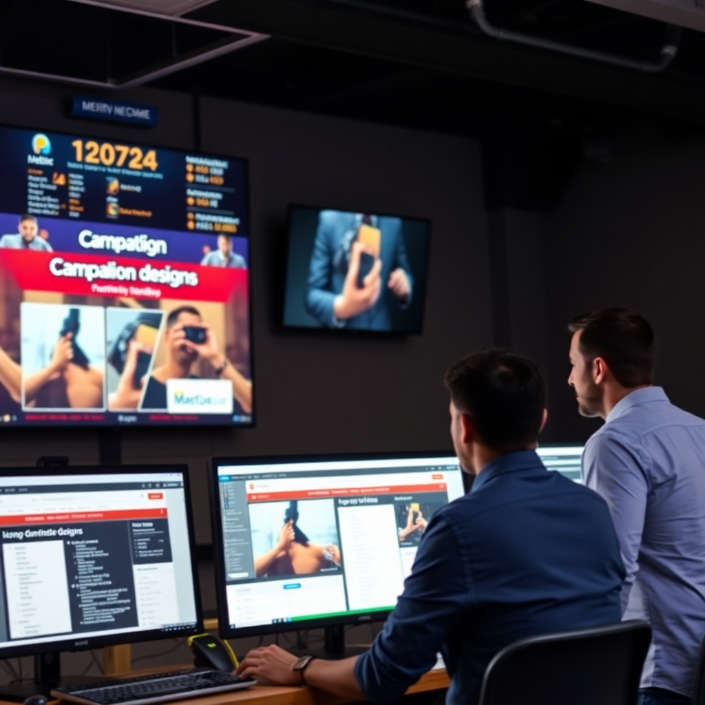 digital campaign launch in progress, marketing team monitoring live campaign performance across multiple screens, command center workspace, launch day excitement, professional setting