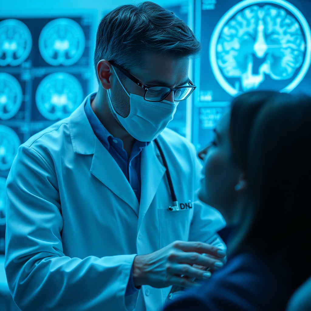 healthcare professional reviewing brain scan with patient, clinical setting, cool blue tones