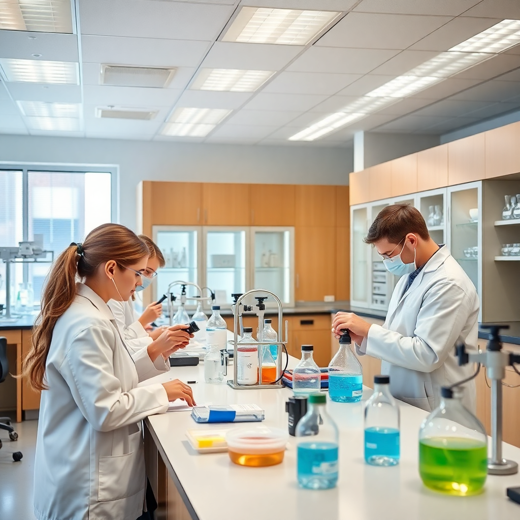 modern science laboratory with students conducting experiments, advanced equipment, bright and clean, professional setting