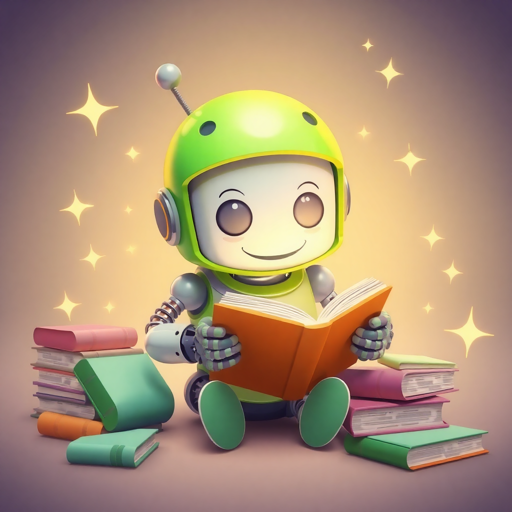 3D illustration of a friendly robot with green helmet writing in a book, surrounded by floating magical sparkles and books, whimsical pastel style