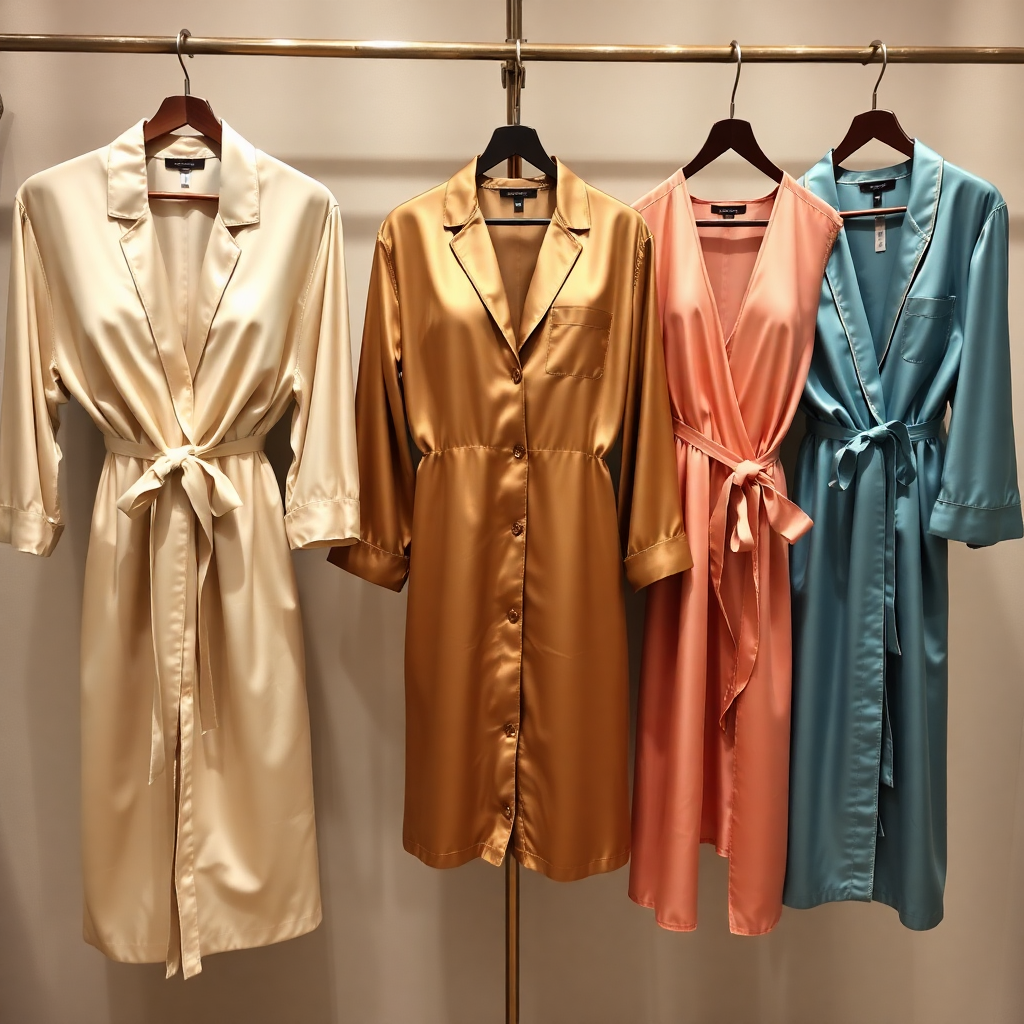 luxury sleepwear collection, silk pajamas and robes, elegant nightwear display, premium fabrics