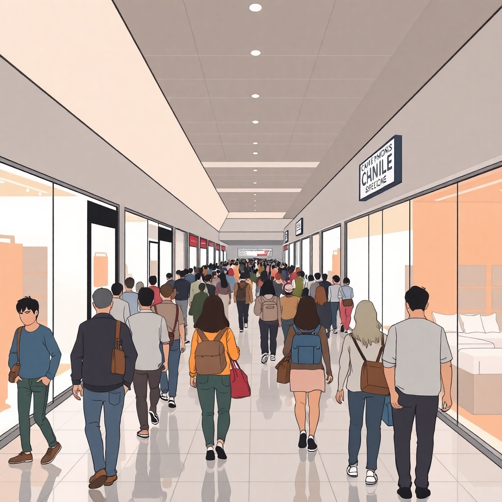 shopping mall with anonymous crowds walking past stores, people looking bored, missed opportunities, empty storefronts, lack of engagement illustration