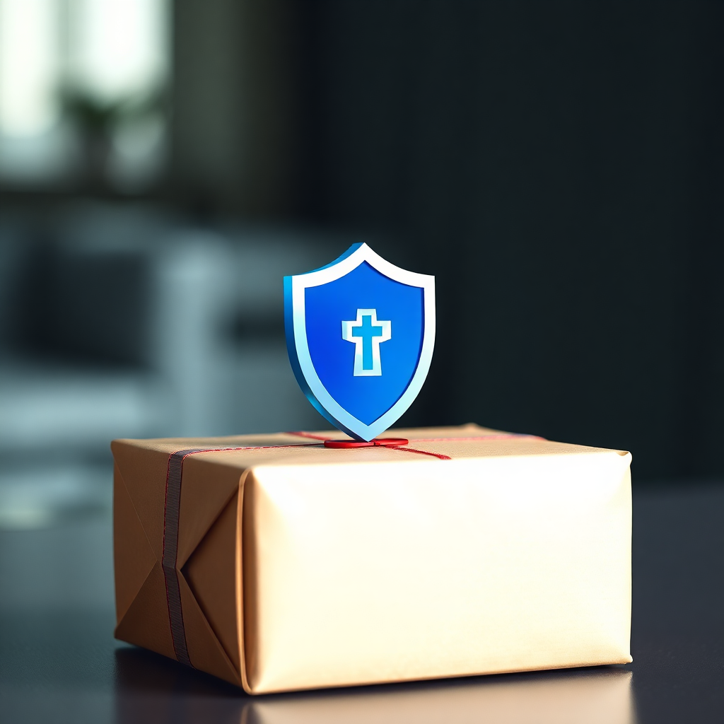 secure package with shield protection symbol, safety and security concept, modern photography