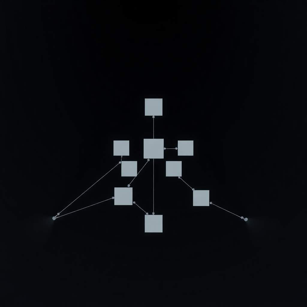minimal abstract architectural integration diagram clean node blocks thin connecting lines dark background no brand logos no colorful icons aspect ratio 16:9