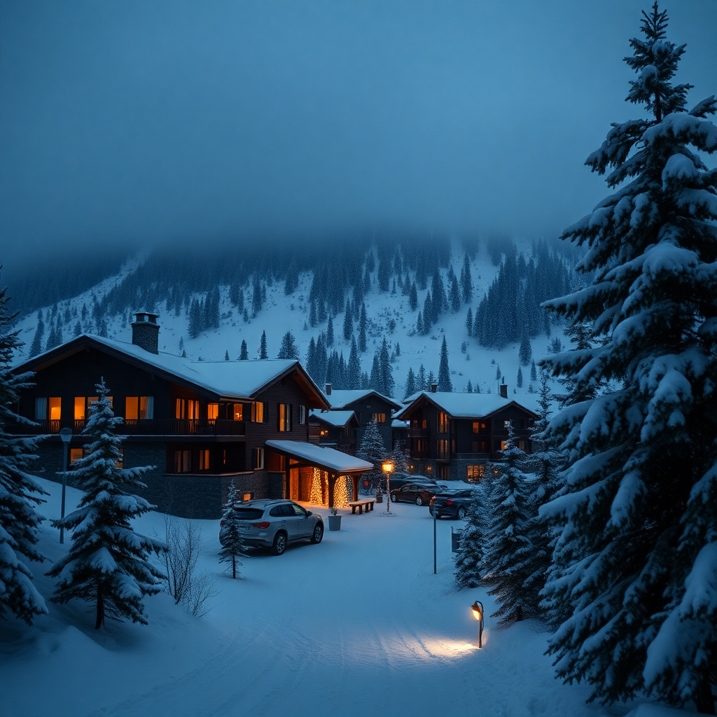 Soldeu Andorra ski village luxury mountain resort Sport Hotel Hermitage snow winter editorial photography dark cinematic champagne gold tones alpine private