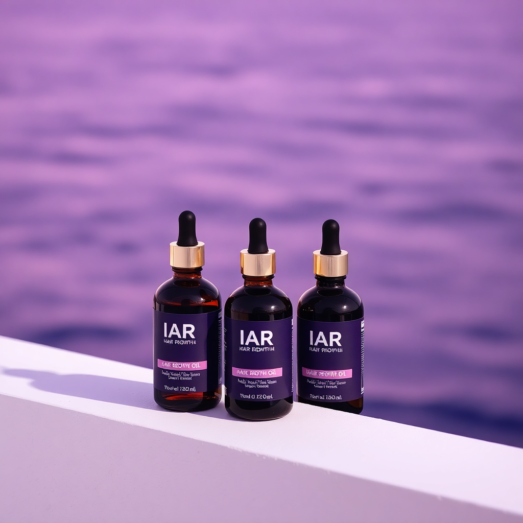 Three IAR hair growth oil bottles on a white ledge with a dramatic purple-toned sea background, clean product shot, luxurious, high-end