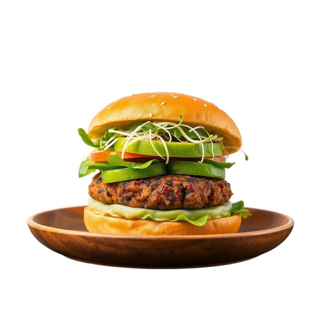 vegan burger with plant based patty avocado and sprouts isolated on transparent background