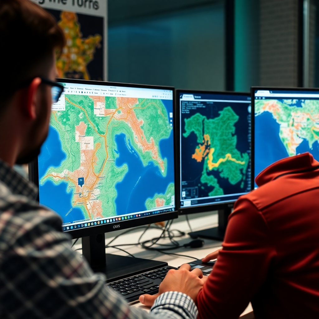 GIS mapping visualization on computer screens, spatial data analysis, professional work environment