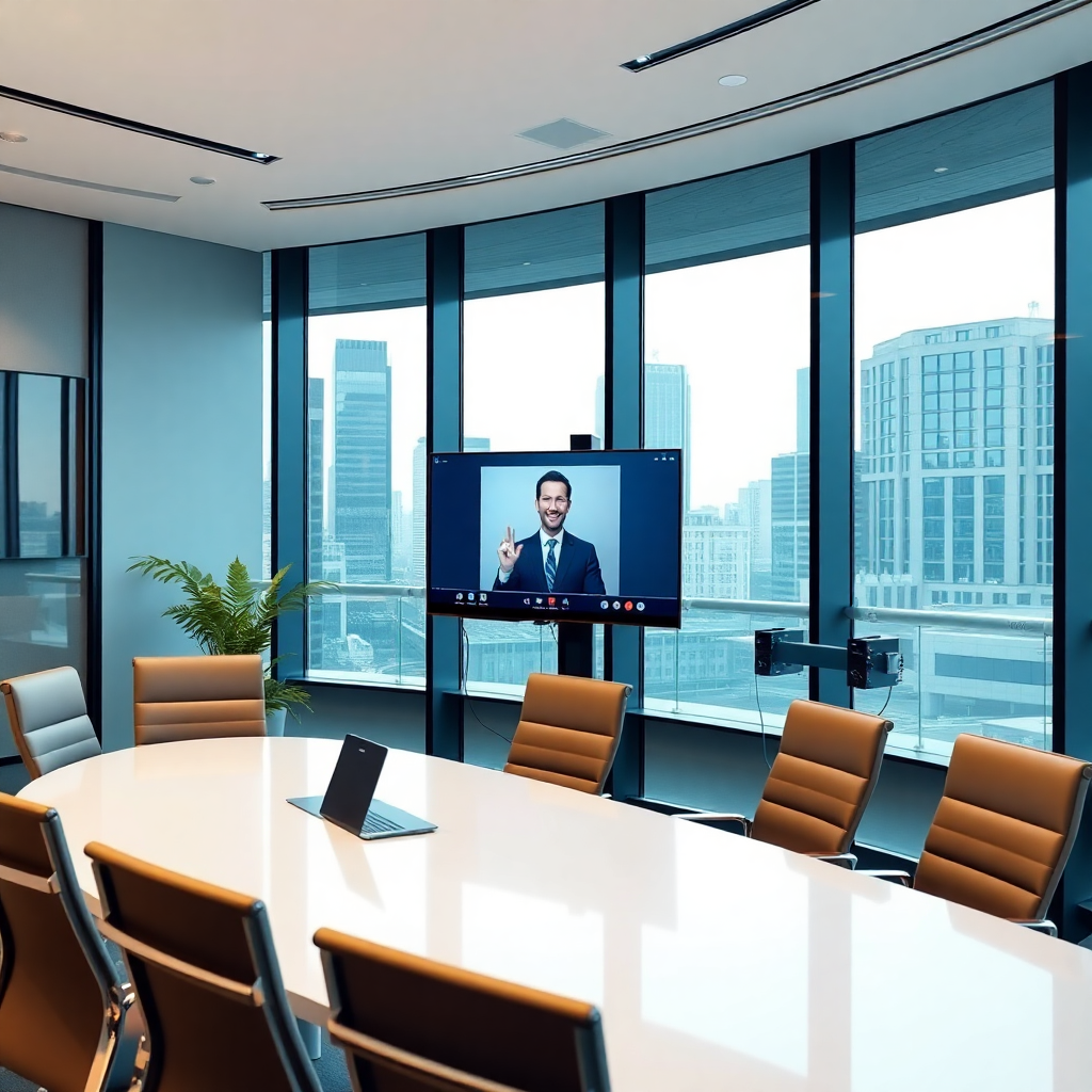 modern conference room with video call setup