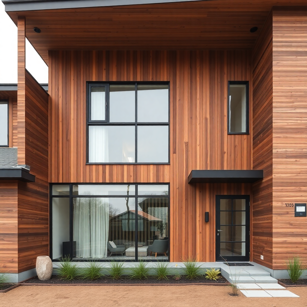 modern family home with wooden facade, contemporary architecture, natural materials, professional photography