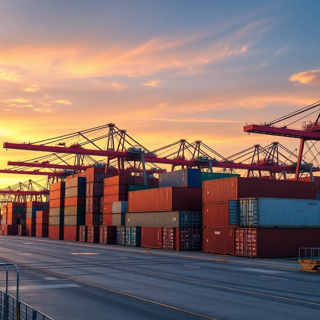 global shipping containers at port with sunset, modern logistics, professional photography