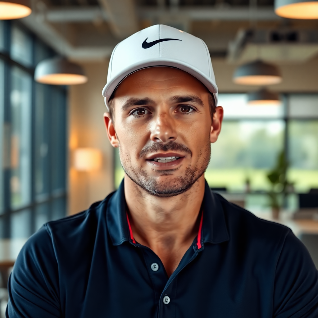professional golfer CEO speaking to camera in modern office, warm lighting, authentic portrait