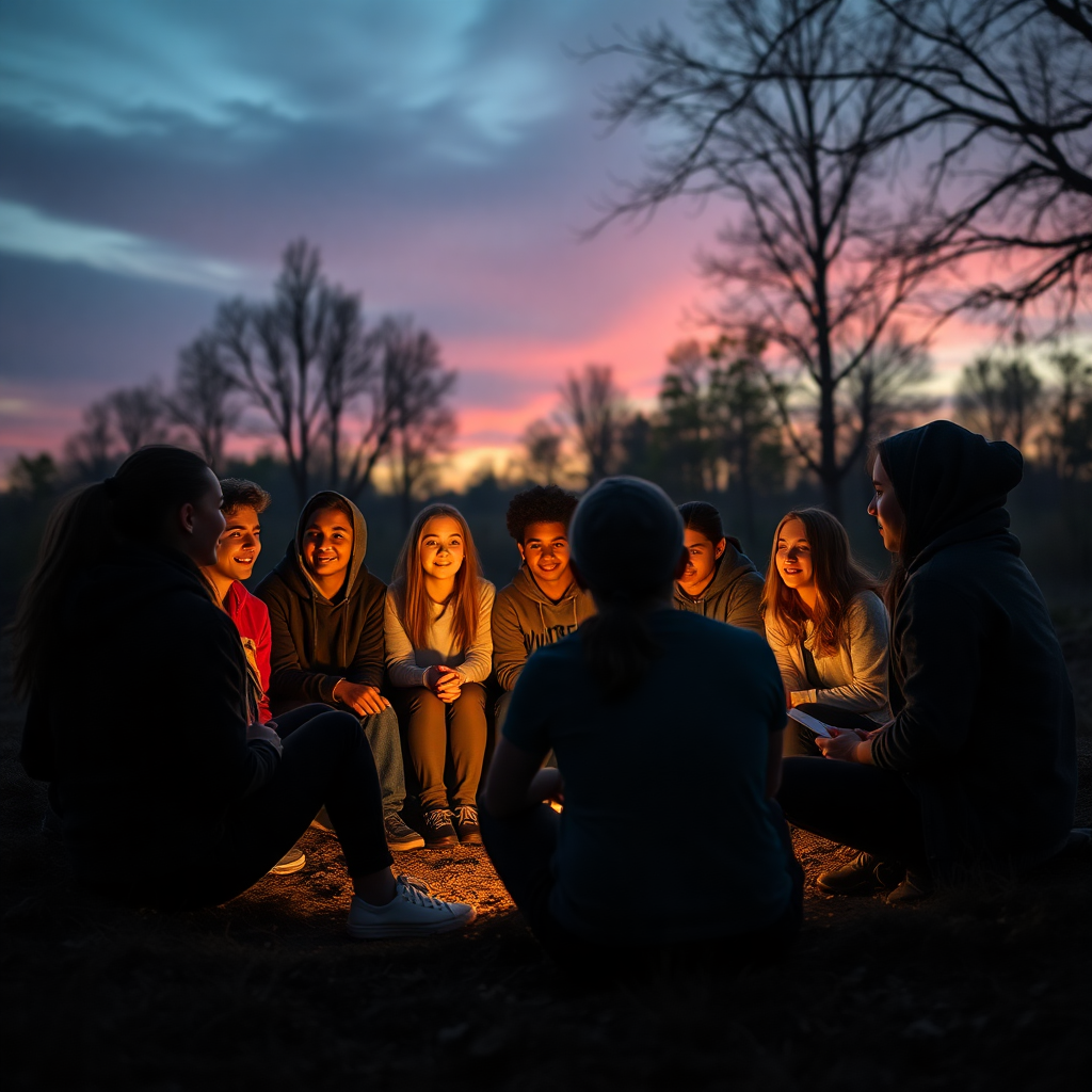 cinematic dark moody shot of a diverse group of teenagers sitting in a circle outdoors at twilight looking hopeful and engaged in storytelling, high quality documentary style photography, 8k resolution