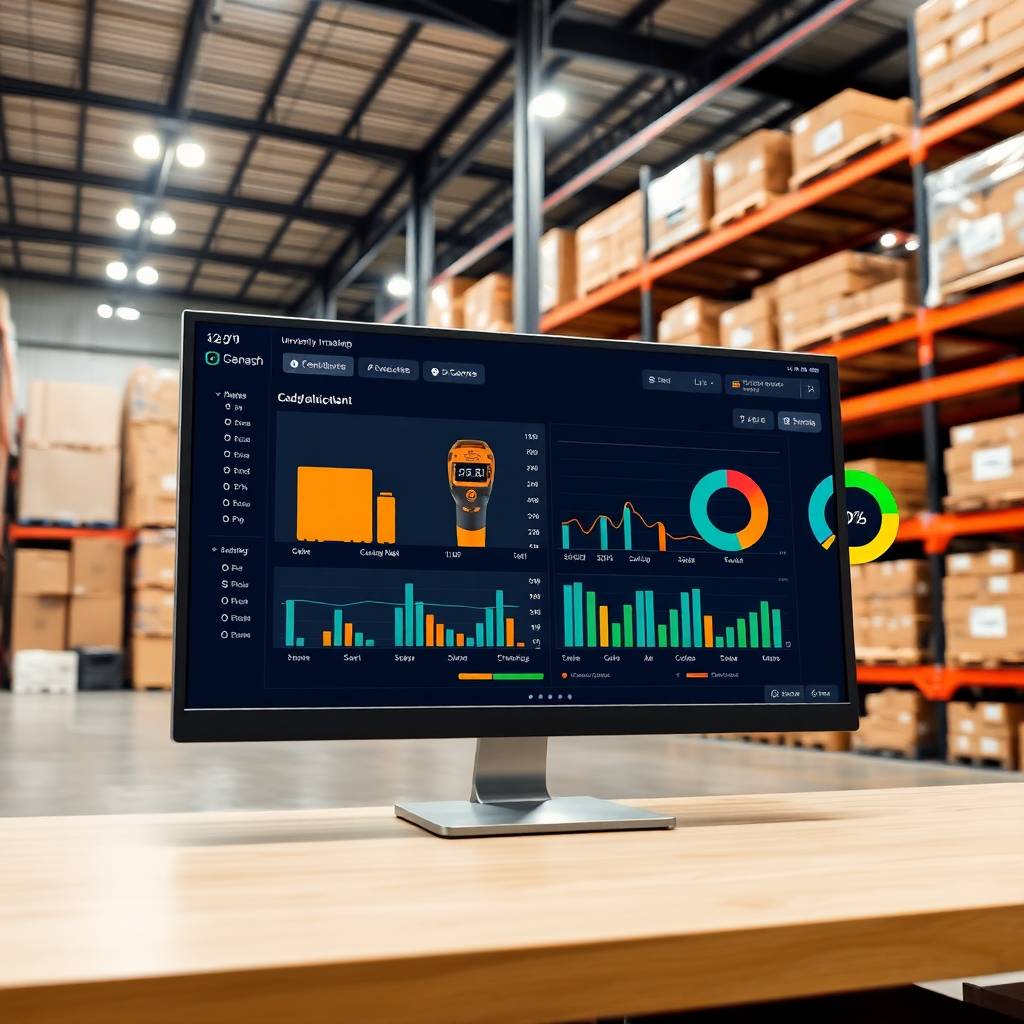 inventory management dashboard showing barcode scanning, item tracking, load optimization interface, warehouse management system