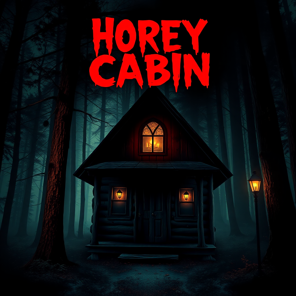 horror movie poster, spooky forest cabin