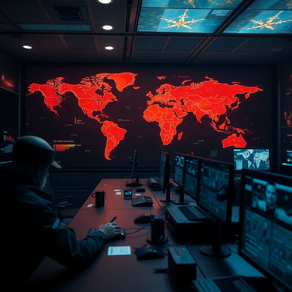 military defense technology strategic command center with world map displays, dark cinematic photography