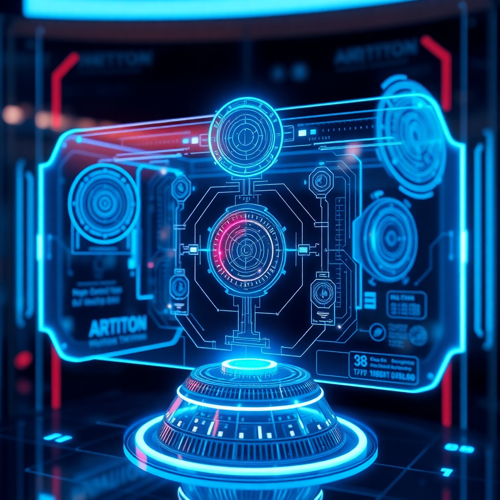 futuristic digital twin interface with holographic UI, advanced AI visualization, floating 3D elements, neon blue accents, cutting-edge technology aesthetic