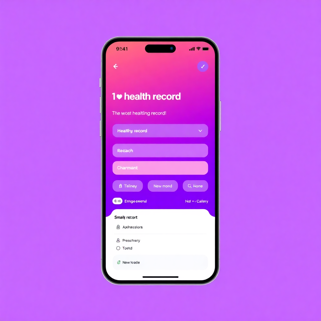 mobile app interface showing health record form, with purple and orange color scheme, modern UI design