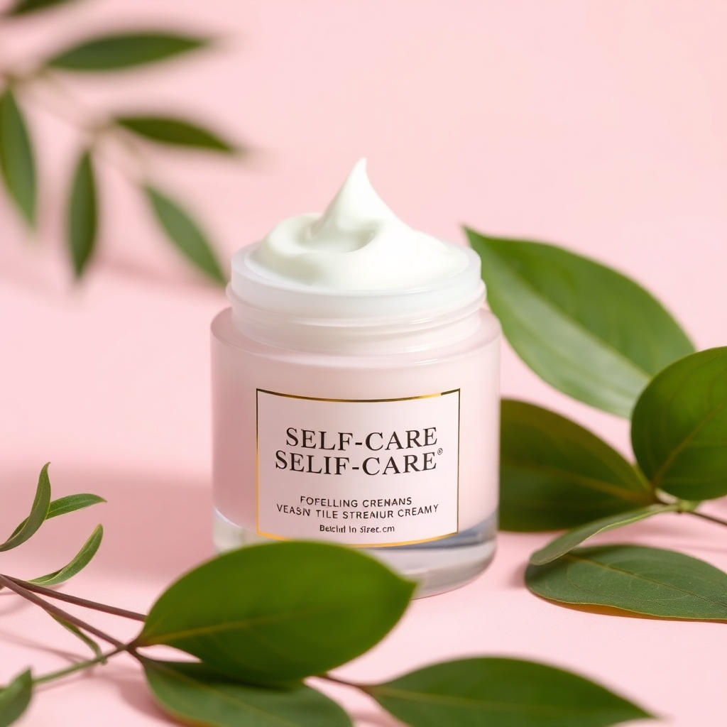 luxury self-care cream jar with botanical leaves, clean aesthetic, soft pastel colors
