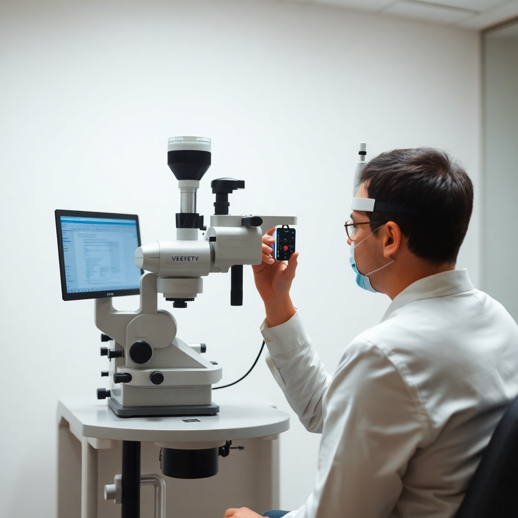 optometrist performing eye examination with modern equipment, professional setting