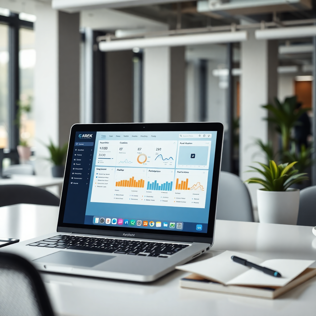 modern office workspace with laptop showing automation dashboard, professional business setting, bright lighting