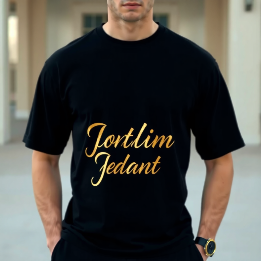 high fashion photography of a man wearing a black t-shirt with golden typography