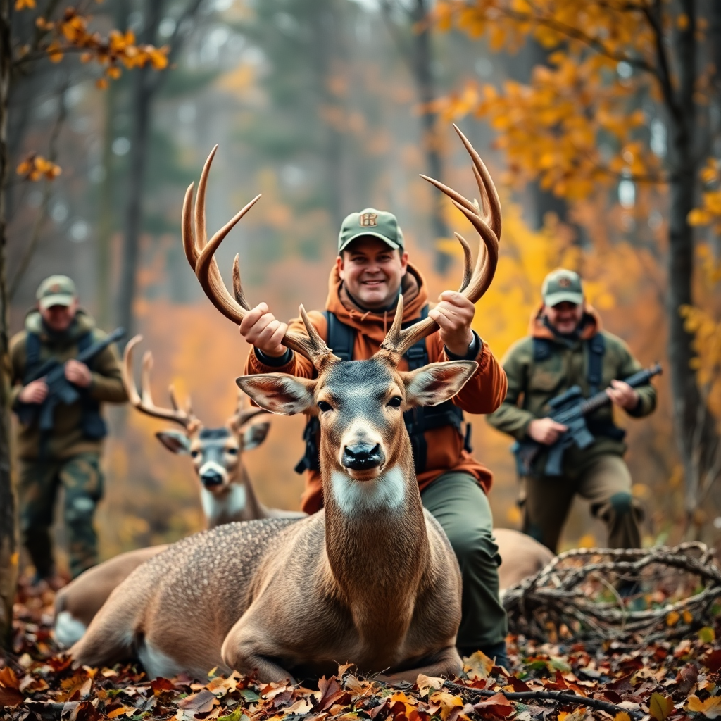 deer hunting season opening day celebration, hunters with venison, rustic outdoors, autumn forest, warm tones photography