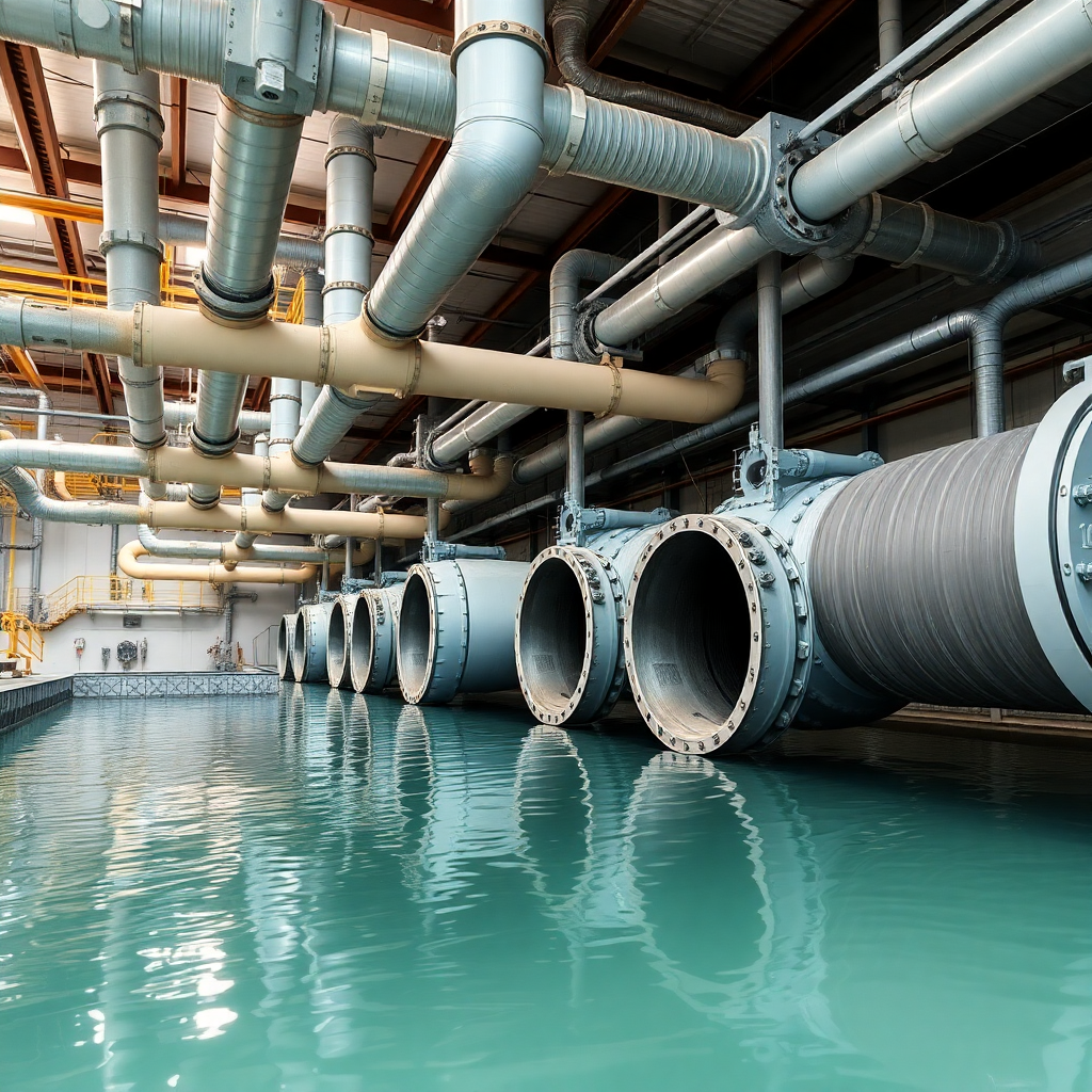 water treatment facility with large diameter pipes and filtration systems, industrial photography