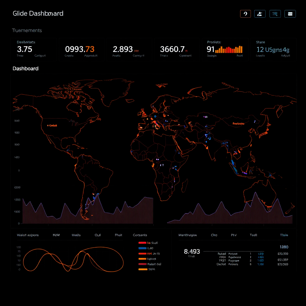 Dark mode logistics dashboard chart showing global trade routes and analytics, neon orange and blue lines on dark map, high tech UI