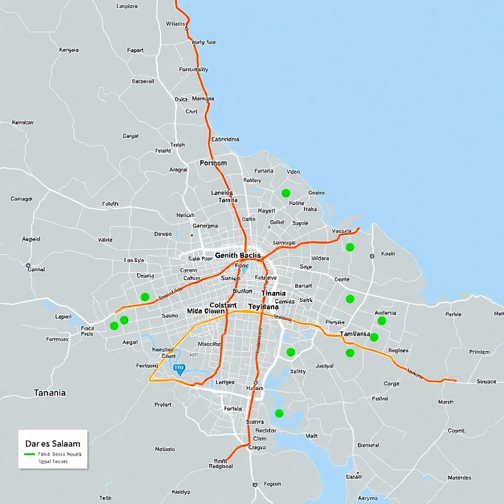 detailed street map of dar es salaam tanzania with bus routes highlighted, professional cartography