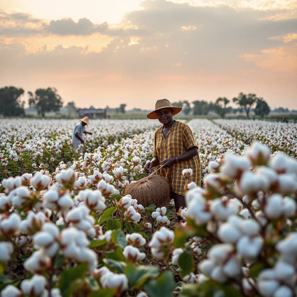 cotton field in Benin Africa with farmers harvesting, sustainable agriculture, golden hour lighting