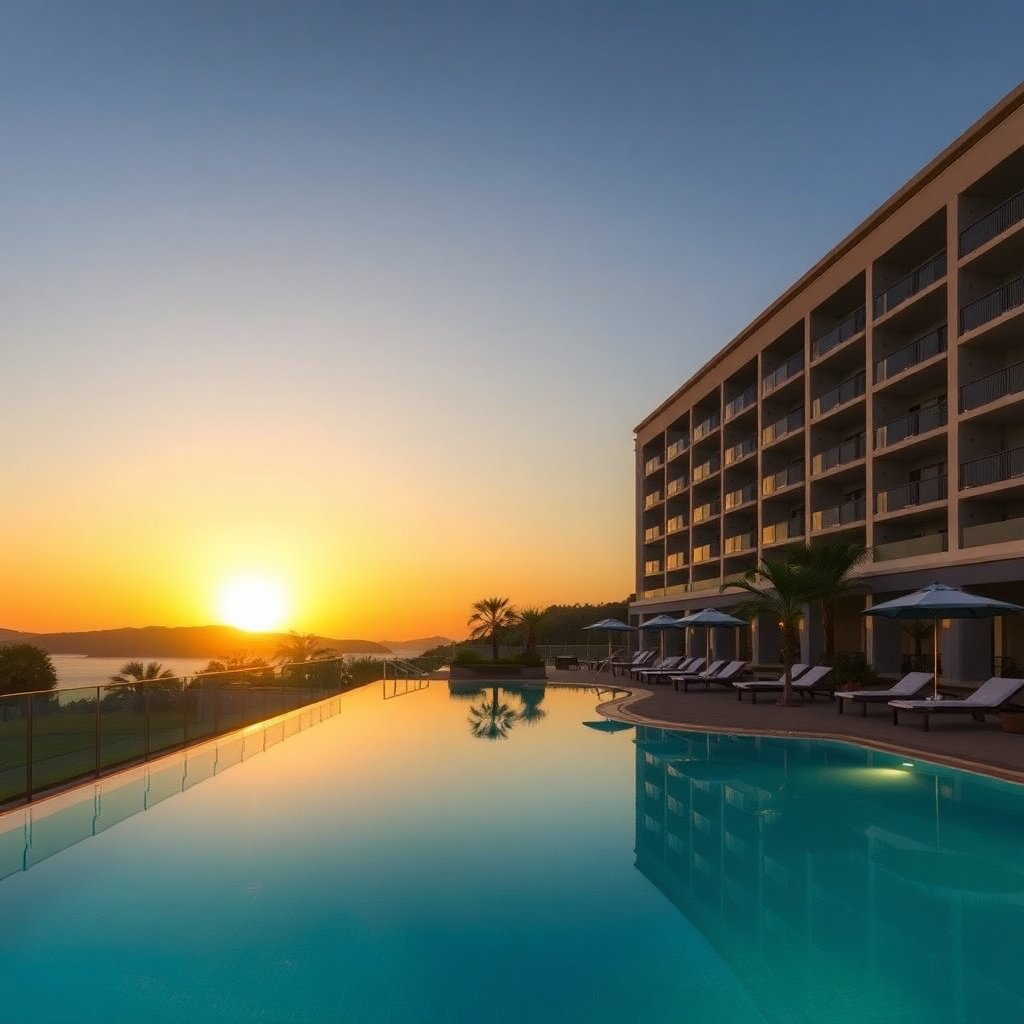 Hotel gallery image, luxury swimming pool at sunset.