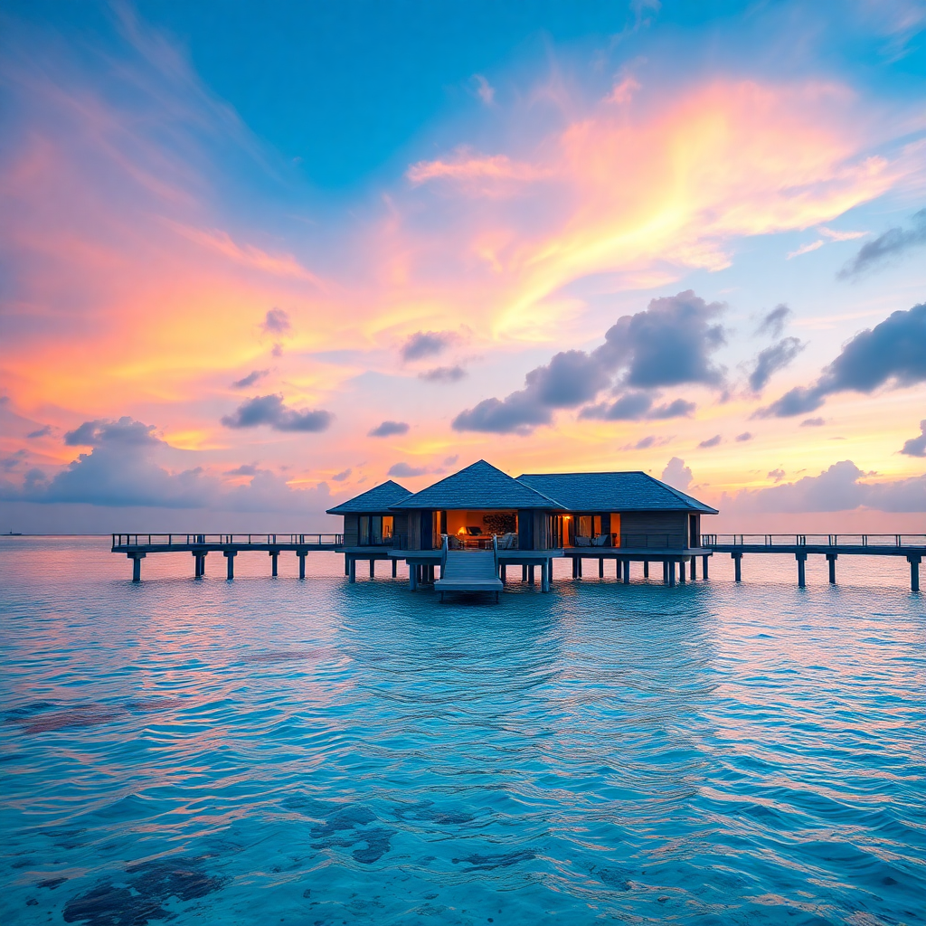 luxury overwater bungalow in maldives at sunset