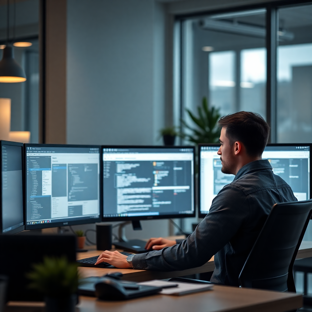professional male wordpress developer working on multiple screens in modern office setup, professional photography