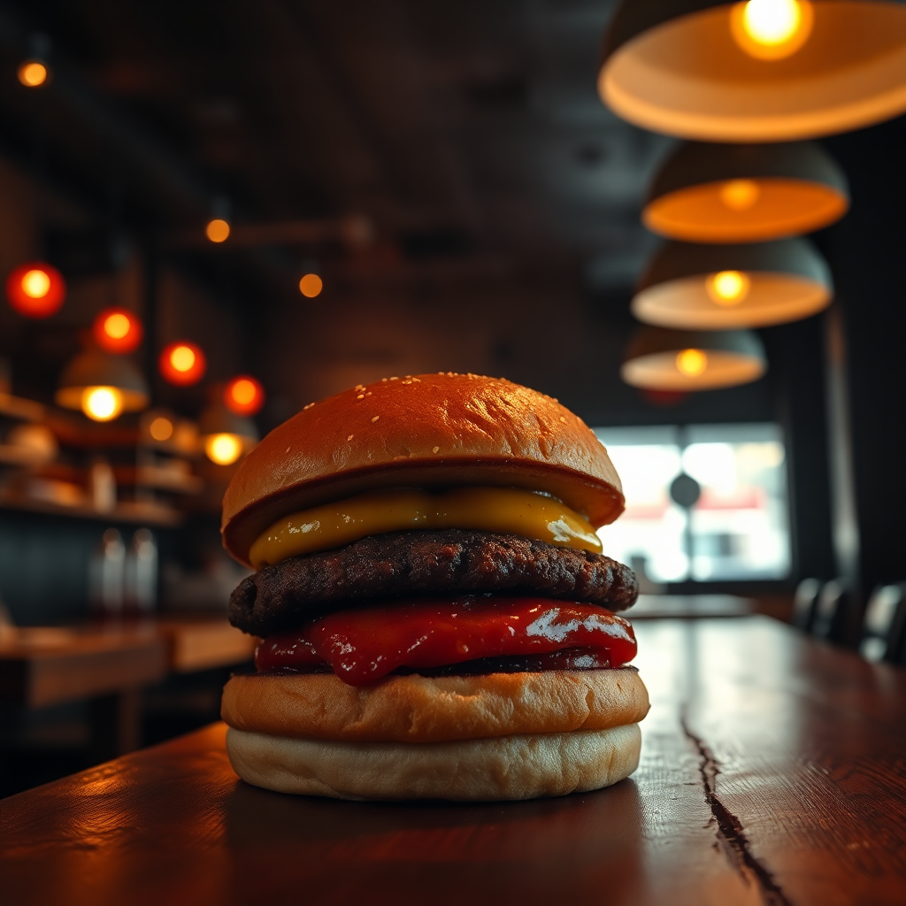 dark moody bbq burger restaurant interior with warm lighting, bokeh background, cinematic style