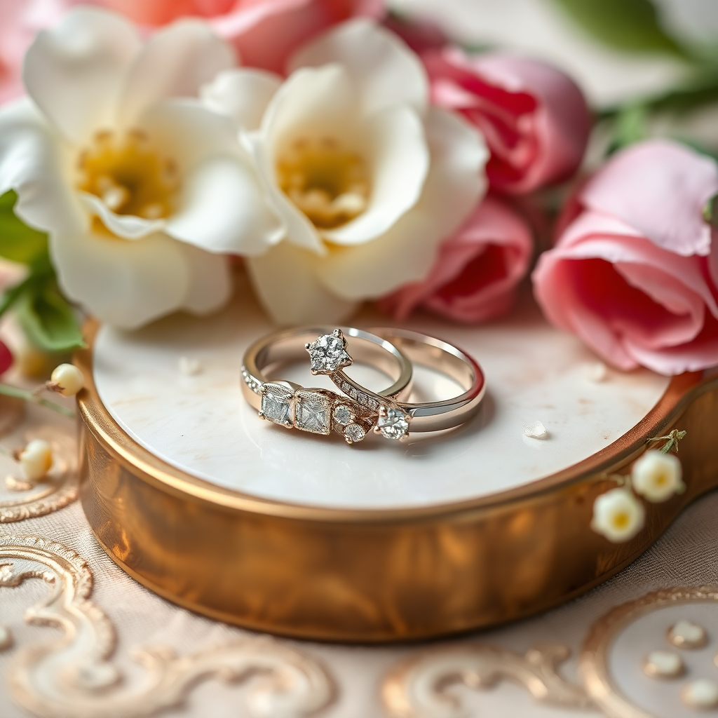 wedding rings on elegant surface with flowers detail macro shot